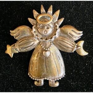 Vtg 2 Inch 925 Silver Brass Angel Pendant Brooch Moon Star Signed Carol Henry